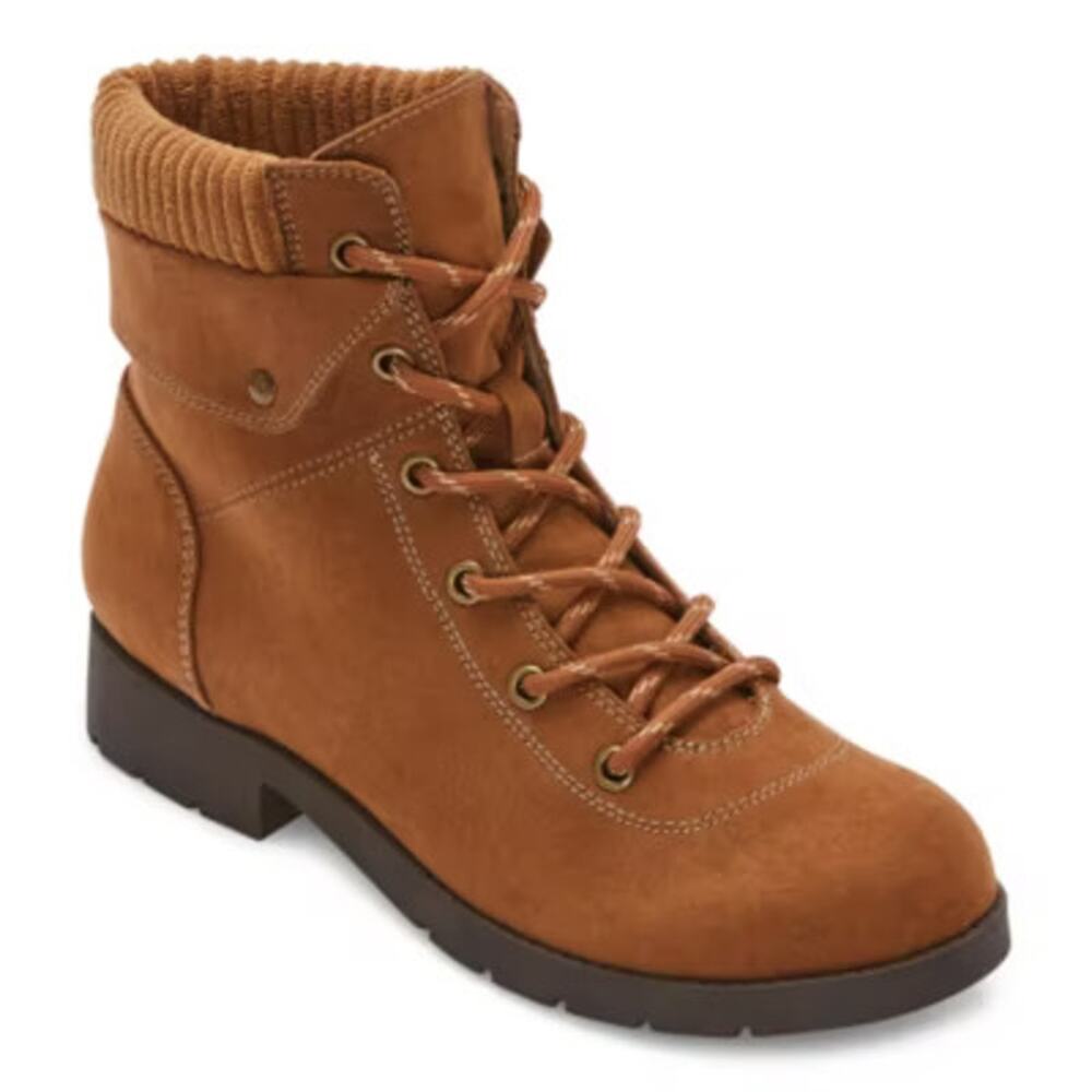 St. John's Bay Womens Boots Sz 6.5 Yumma Cognac Stacked Heel Lace Up Brown NEW